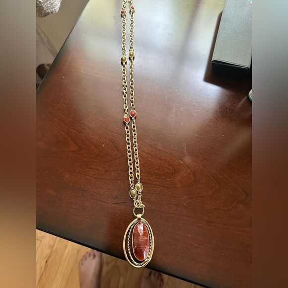 Dana Buchman red stone long gold tone necklace with multi stones - Picture 2 of 5